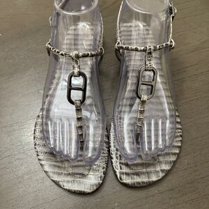 Tory Burch Gray Faux-Croc T-Strap Sandals with Logo Accent